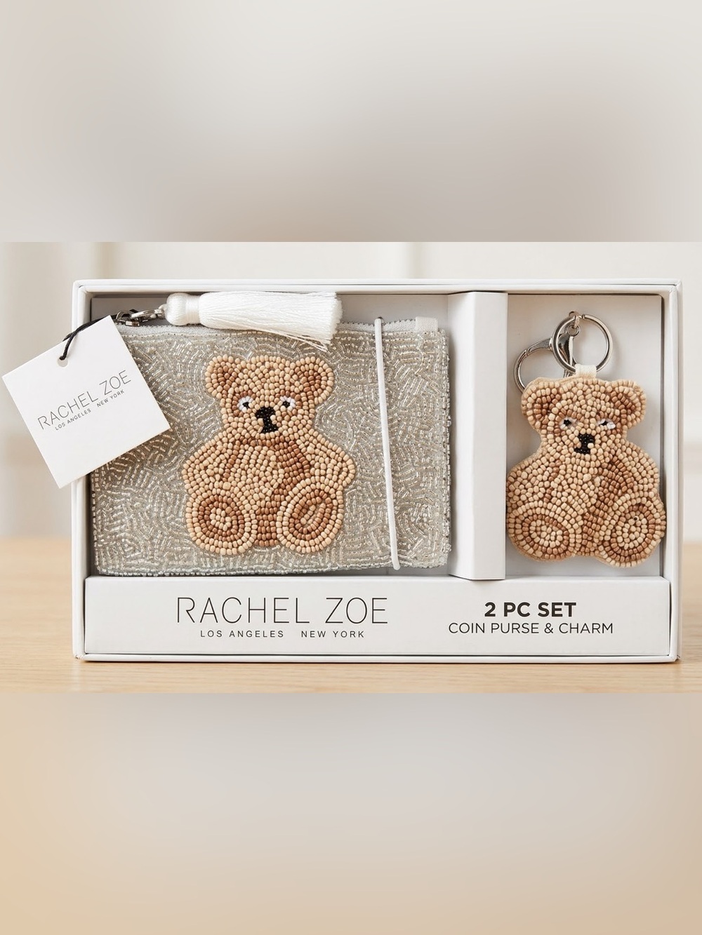 Rachel Zoe NWT Silver Beaded Teddy Bear Coin Purse Keychain Charm 2 Pc Gift Set